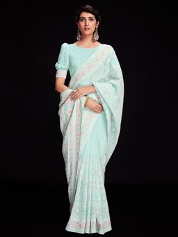 Odette - Women Light Blue Georgette Embellished Saree with Unstitched Blouse