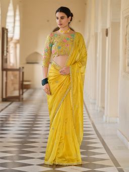Odette - Women Yellow Organza Embroidered Saree with Unstitched Blouse