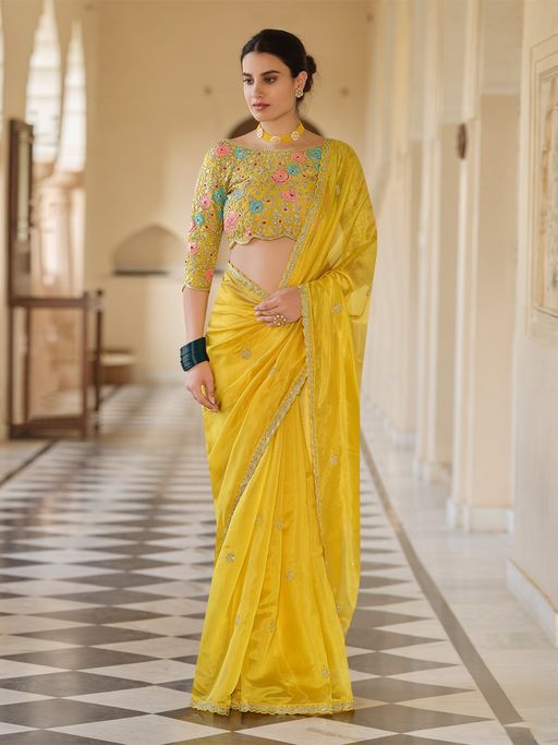 Odette Women Yellow Organza Embroidered Saree with Unstitched Blouse