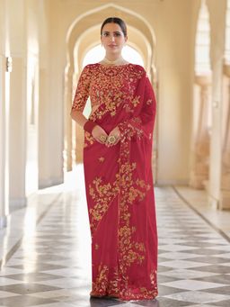 Odette - Women Red Organza Embroidered Saree with Unstitched Blouse