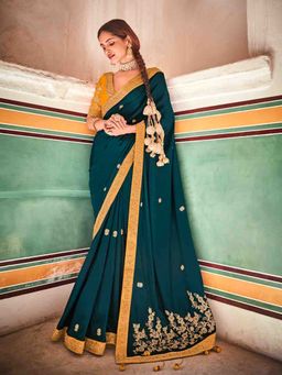 Odette - Women Teal Crepe Silk Embroidered Saree with Unstitched Blouse
