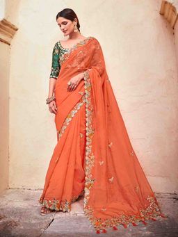 Odette - Women Orange Organza Embroidered Saree with Unstitched Blouse