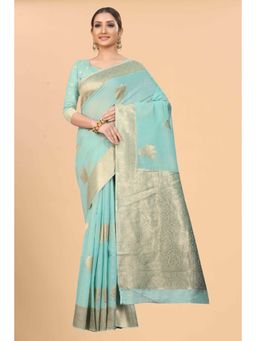 Silk Land - Blue Women Cotton Blend Saree with Unstitched Blouse