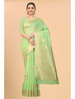 Silk Land - Green Women Cotton Blend Saree with Unstitched Blouse