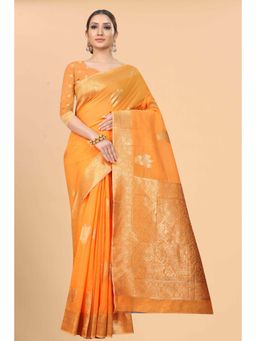 Silk Land - Orange Women Cotton Blend Saree with Unstitched Blouse