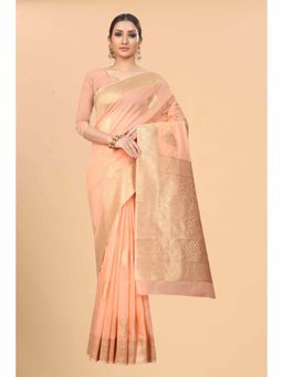 Silk Land - Peach Women Cotton Blend Saree with Unstitched Blouse