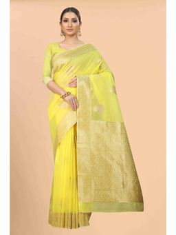 Silk Land - Yellow Women Cotton Blend Saree with Unstitched Blouse