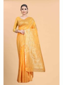Silk Land - Orange Women Cotton Blend Saree with Unstitched Blouse