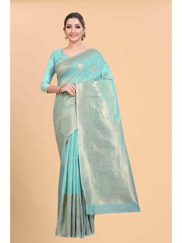 Silk Land - Blue Women Cotton Blend Saree with Unstitched Blouse