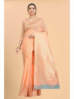 Silk Land - Peach Women Cotton Blend Saree with Unstitched Blouse
