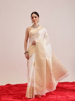 Silk Land - White Women Cotton Blend Saree with Unstitched Blouse