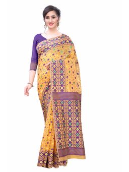 Silk Land - Yellow Women Woven Jamdani Saree with Unstitched Blouse