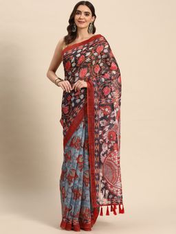 Silk Land - Multi-Color Women Kalamkari Digital Print Saree with Unstitched Blouse