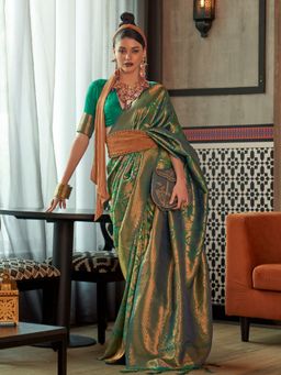 Odette - Women Festive Green Silk Blend Woven Saree with Unstitched Blouse