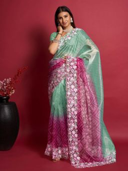 Odette - Women Sea Green and Pink Organza Saree with Unstitched Blouse