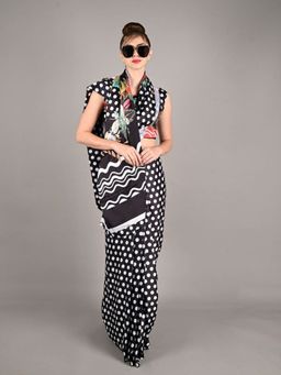 Odette - Women Black Digital Printed Satin Saree with Unstitched Blouse