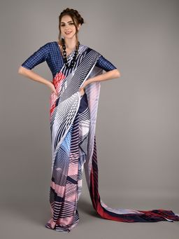 Odette - Women Multicolor Silk Blend Stripes Print Saree with Unstitched Blouse