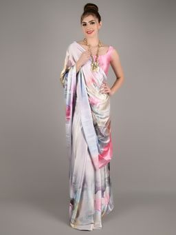 Odette - Women White Silk Blend Digital Floral Print Saree with Unstitched Blouse