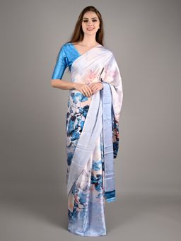 Odette - Women White Silk Blend Digital Floral Print Saree with Unstitched Blouse