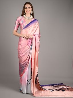 Odette - Women Peach Silk Blend Digital Print Saree with Unstitched Blouse