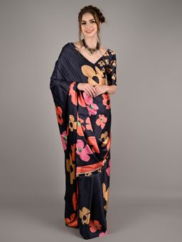 Odette - Women Black Silk Blend Digital Floral Print Saree with Unstitched Blouse