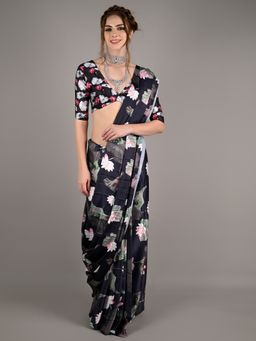 Odette - Women Black Silk Blend Digital Floral Print Saree with Unstitched Blouse