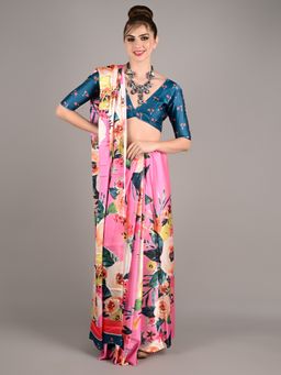 Odette - Women Pink Soft Crepe Digital Floral Print Saree with Unstitched Blouse