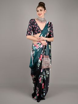 Odette - Women Green Soft Crepe Digital Floral Print Saree with Unstitched Blouse