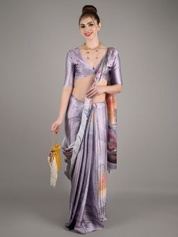 Odette - Women Grey Soft Crepe Digital Print Saree with Unstitched Blouse
