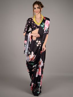 Odette - Women Black Soft Crepe Digital Floral Print Saree with Unstitched Blouse