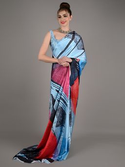 Odette - Women Blue Soft Crepe Digital Print Saree with Unstitched Blouse