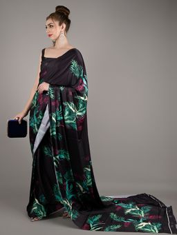Odette - Women Black Soft Crepe Leaf Print Saree with Unstitched Blouse