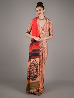 Odette - Women Orange Silk Crepe Floral Saree with Unstitched Blouse