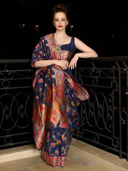Odette - Women Festive Dark Blue Silk Blend Woven Saree with Unstitched Blouse