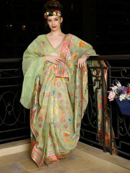 Odette - Women Festive Green Silk Blend Woven Saree with Unstitched Blouse