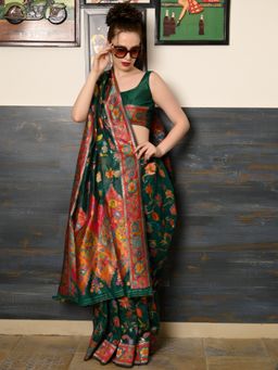 Odette - Women Festive Teal Silk Blend Woven Saree with Unstitched Blouse