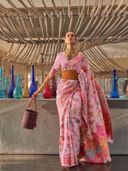 Odette - Women Festive Pink Silk Blend Woven Saree with Unstitched Blouse