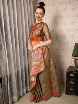 Odette - Women Festive Brown Silk Blend Woven Saree with Unstitched Blouse