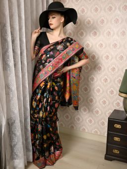 Odette - Women Festive Black Silk Blend Woven Saree with Unstitched Blouse