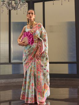 Odette - Women Festive Light Blue Silk Blend Woven Saree with Unstitched Blouse