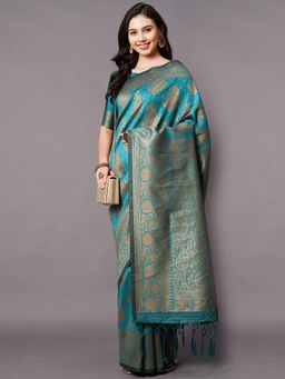 Odette - Women Teal Blue Festive Silk Blend Woven Design Saree with Unstitched Blouse