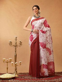 Silk Land - Brown Printed Soft Malmal Cotton Saree Unstitched Blouse
