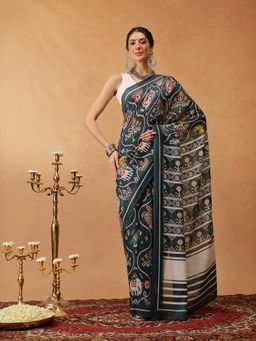 Silk Land - Green Printed Soft Malmal Cotton Saree Unstitched Blouse