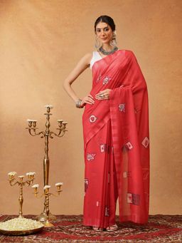 Silk Land - Red Printed Soft Malmal Cotton Saree Unstitched Blouse