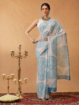 Silk Land - Beige Printed Soft Malmal Cotton Saree Unstitched Blouse