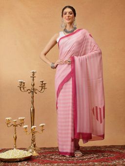 Silk Land - Pink Printed Soft Malmal Cotton Saree Unstitched Blouse