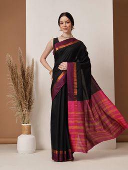 Silk Land - Black Banarasi Art Silk Uppada Pattu Solid Black Saree Unstitched Blouse