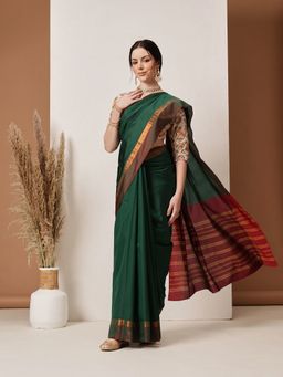 Silk Land - Green Banarasi Art Silk Uppada Pattu Solid Green Saree Unstitched Blouse