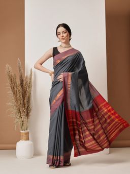 Silk Land - Grey Banarasi Art Silk Uppada Pattu Solid Grey Saree Unstitched Blouse