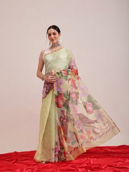 Silk Land - Multi-Color Animal Digital Print Chanderi Saree with Unstitched Blouse